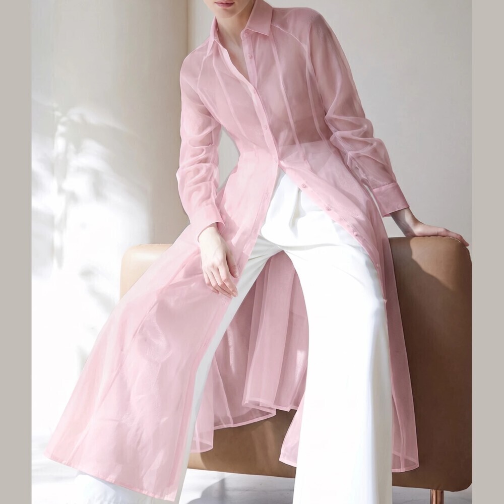 Pink Sheer Organza Button Front Collared Maxi Shirt Duster Coat